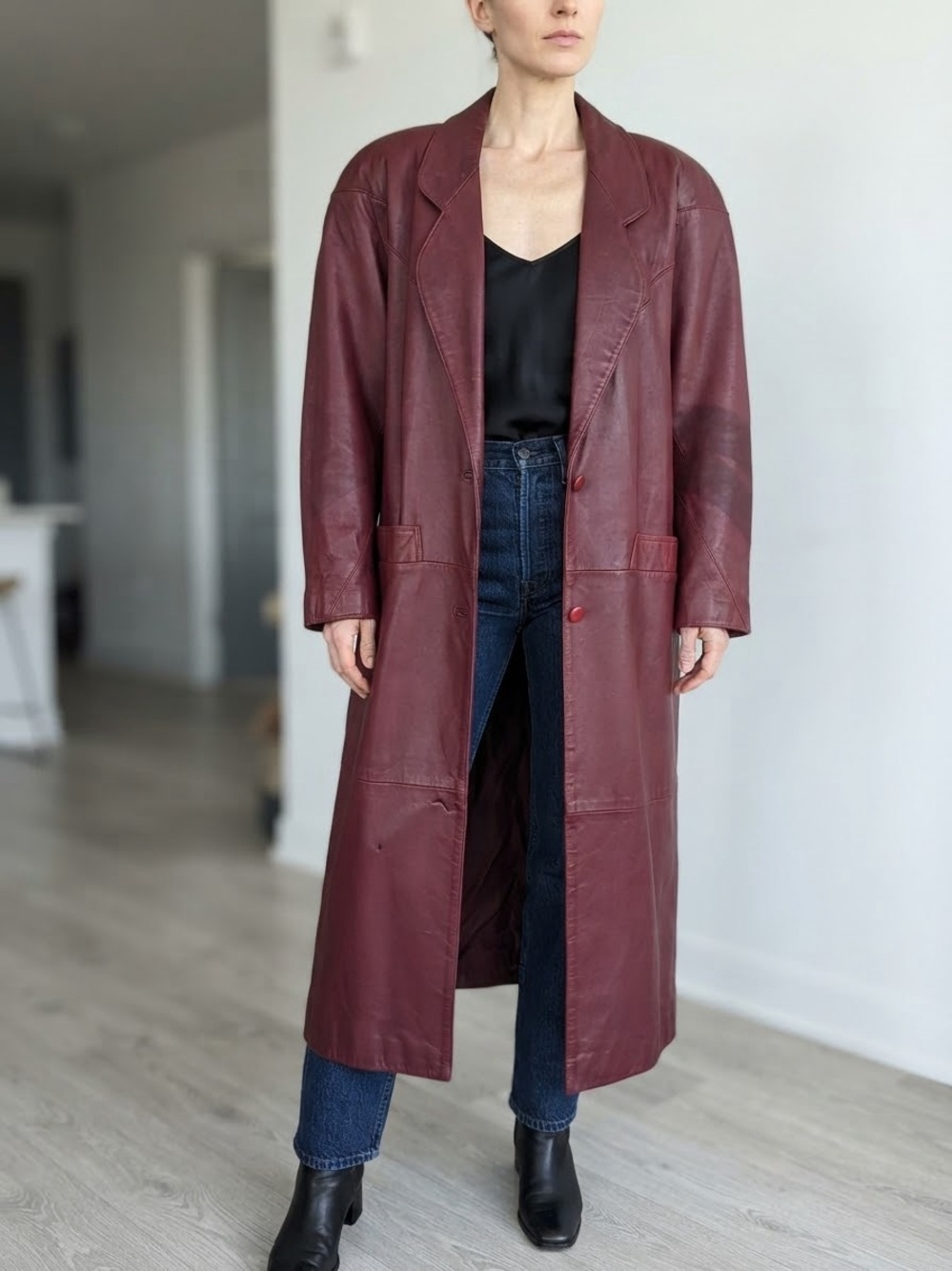 Vintage Renaissance Burgundy Genuine Leather Long Trench Coat Jacket Size S